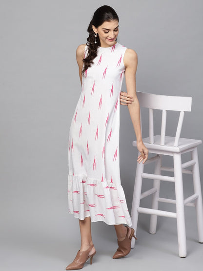 Women's White Ikat Sleeveless Frill Hem Dress