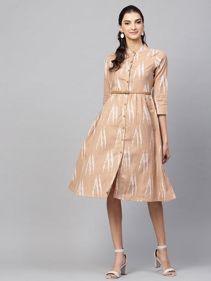 Women's Brown Ikat Front Open Belted Dress