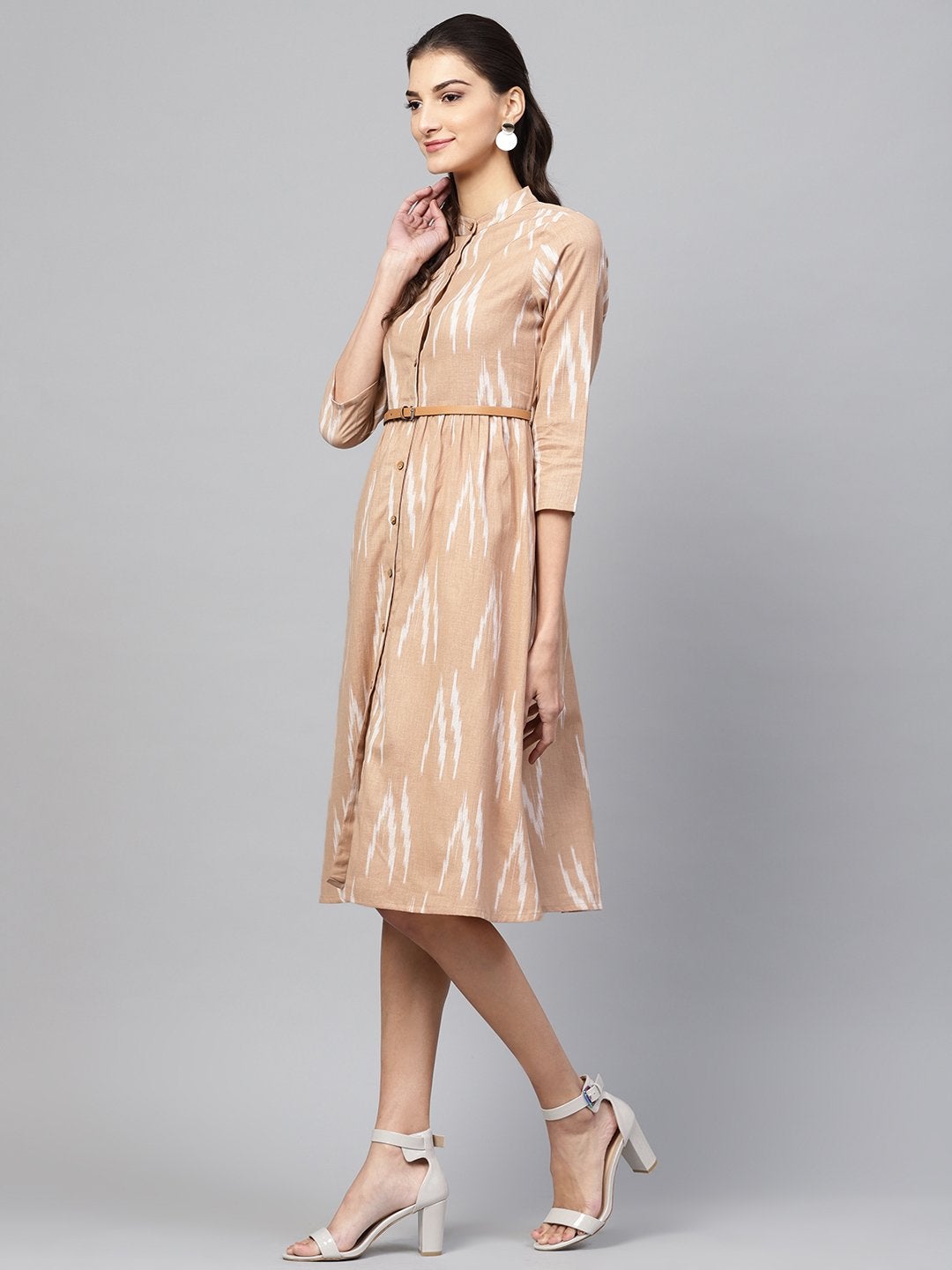 Women's Brown Ikat Front Open Belted Dress