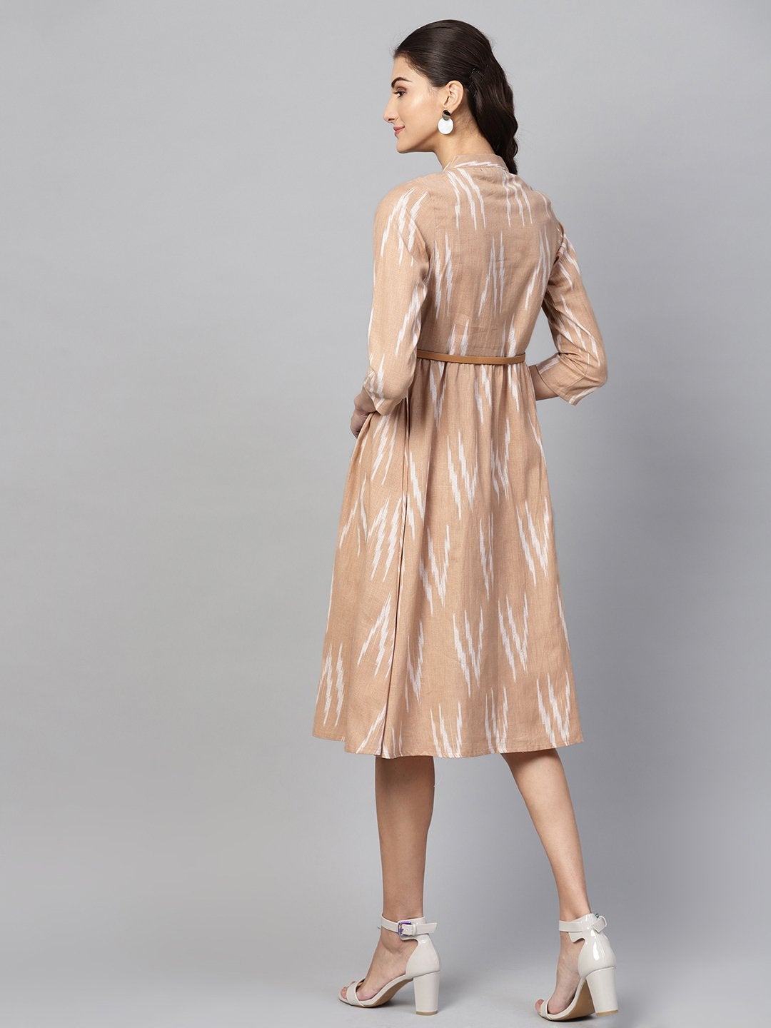 Women's Brown Ikat Front Open Belted Dress