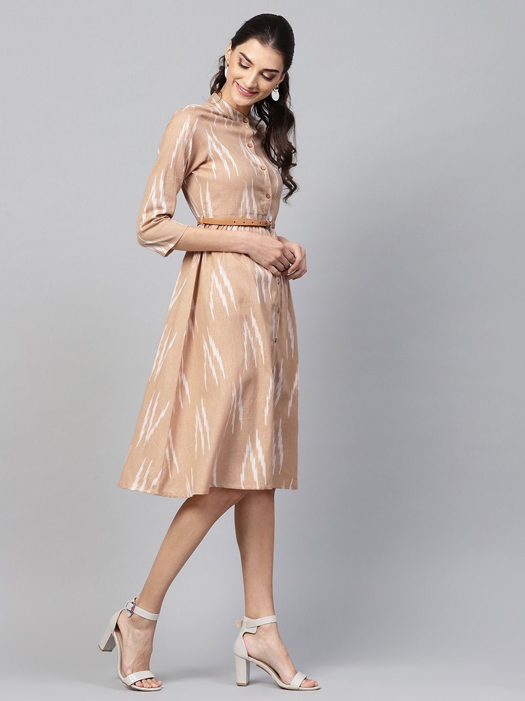 Women's Brown Ikat Front Open Belted Dress