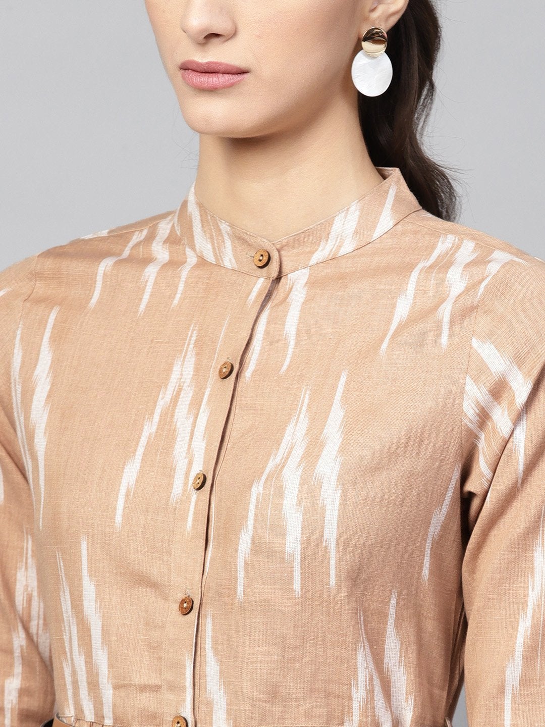 Women's Brown Ikat Front Open Belted Dress