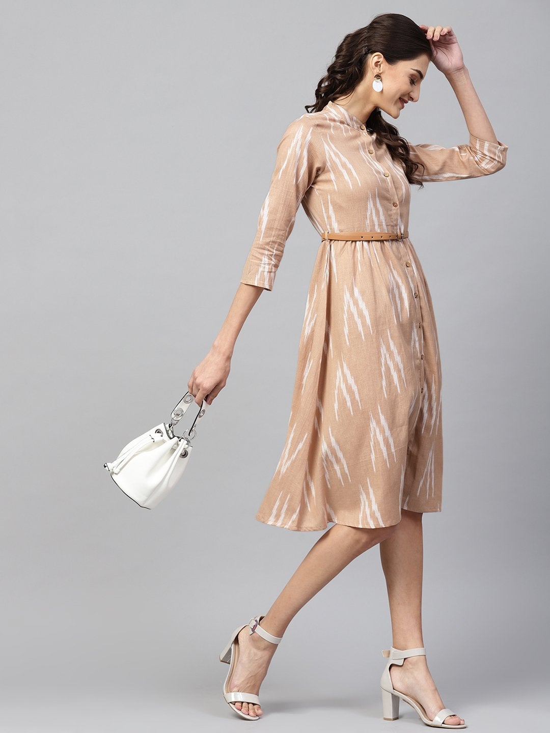 Women's Brown Ikat Front Open Belted Dress
