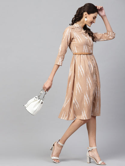 Women's Brown Ikat Front Open Belted Dress