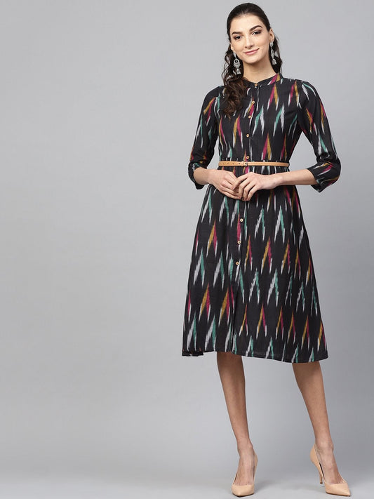 Women's Black Ikat Front Open Belted Dress