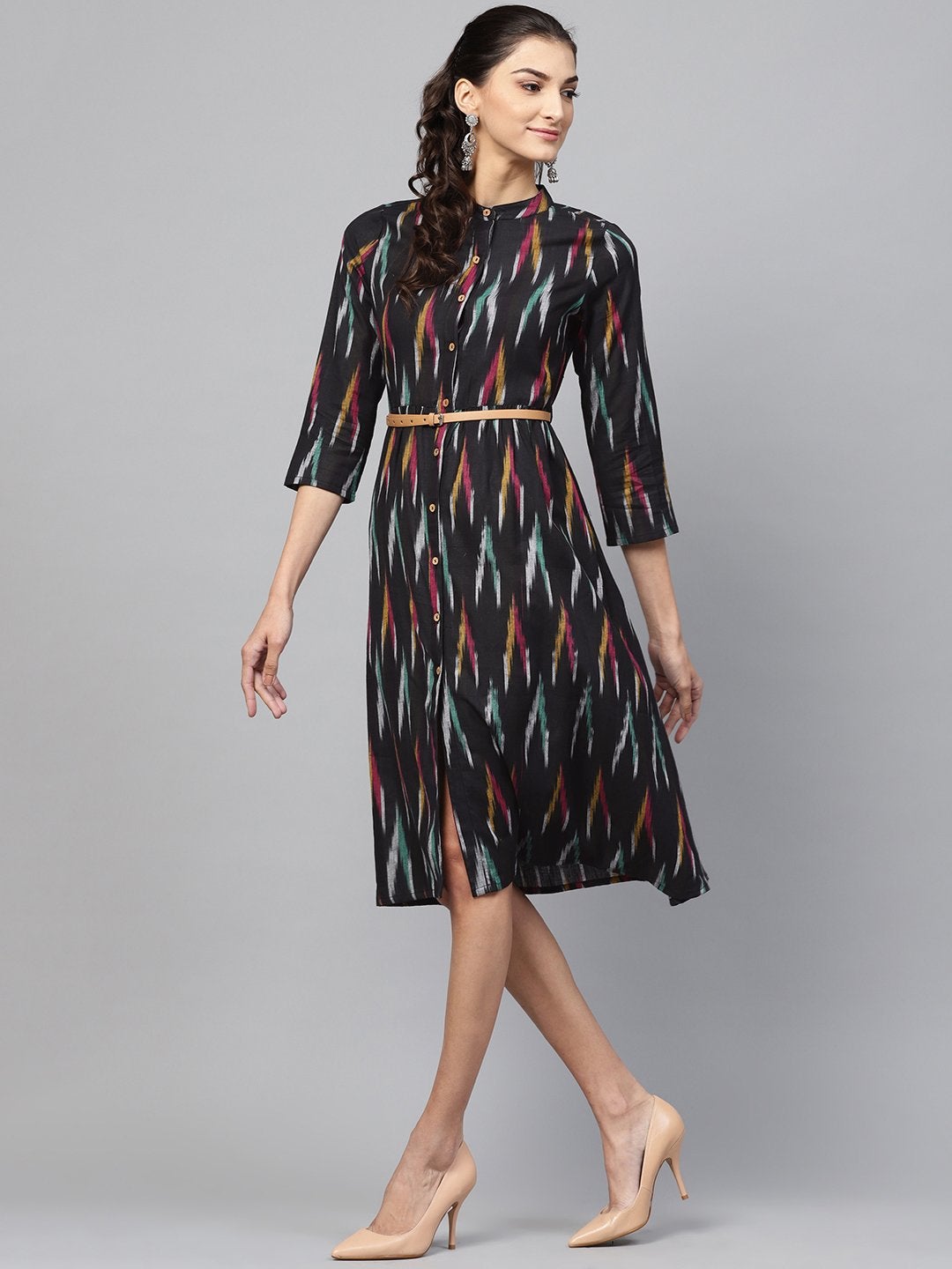 Women's Black Ikat Front Open Belted Dress