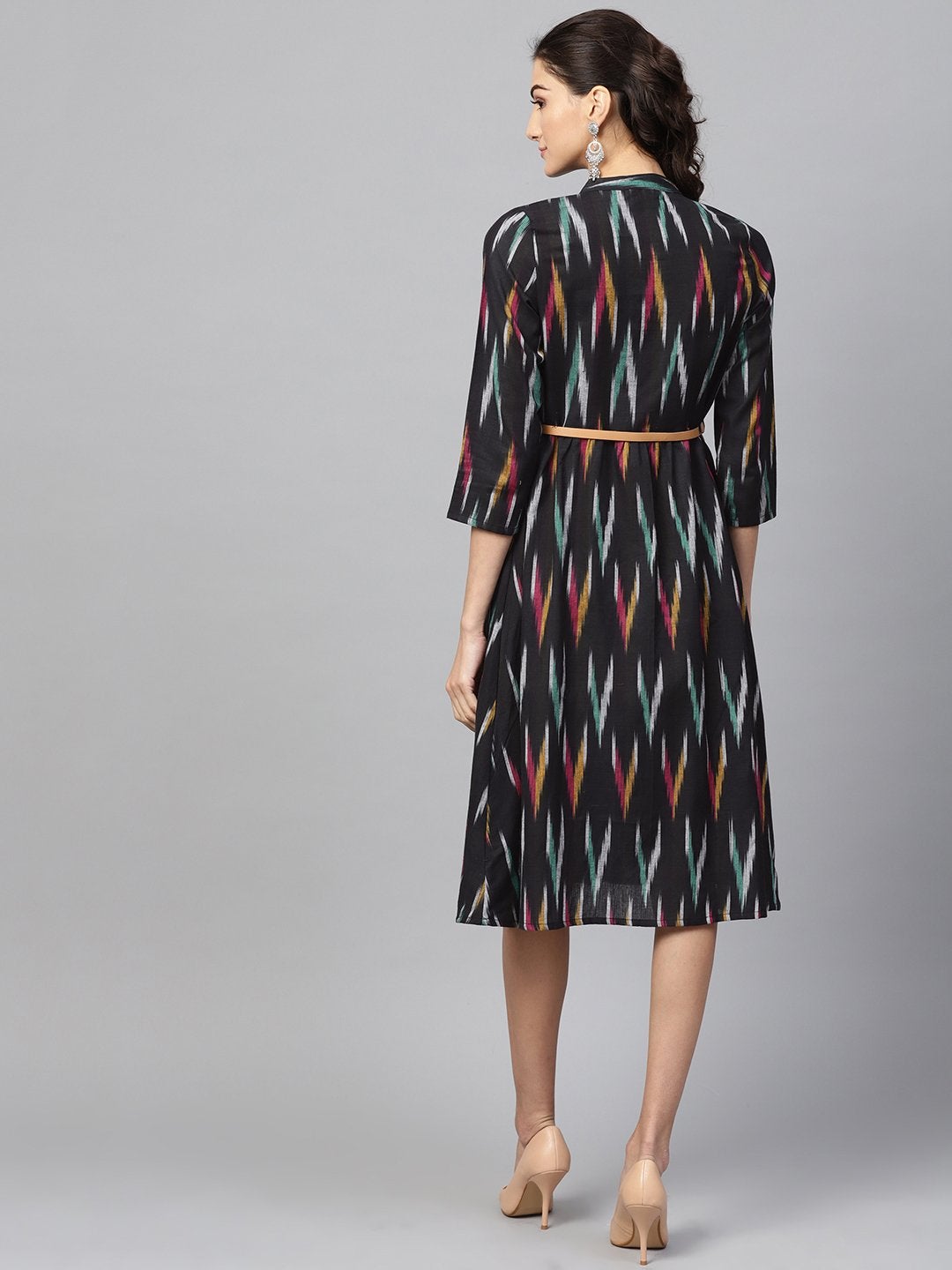 Women's Black Ikat Front Open Belted Dress