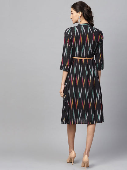 Women's Black Ikat Front Open Belted Dress