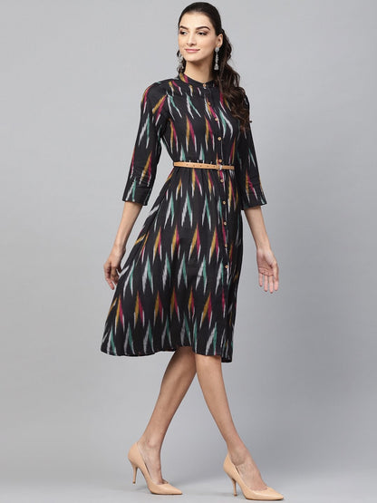 Women's Black Ikat Front Open Belted Dress