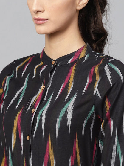 Women's Black Ikat Front Open Belted Dress