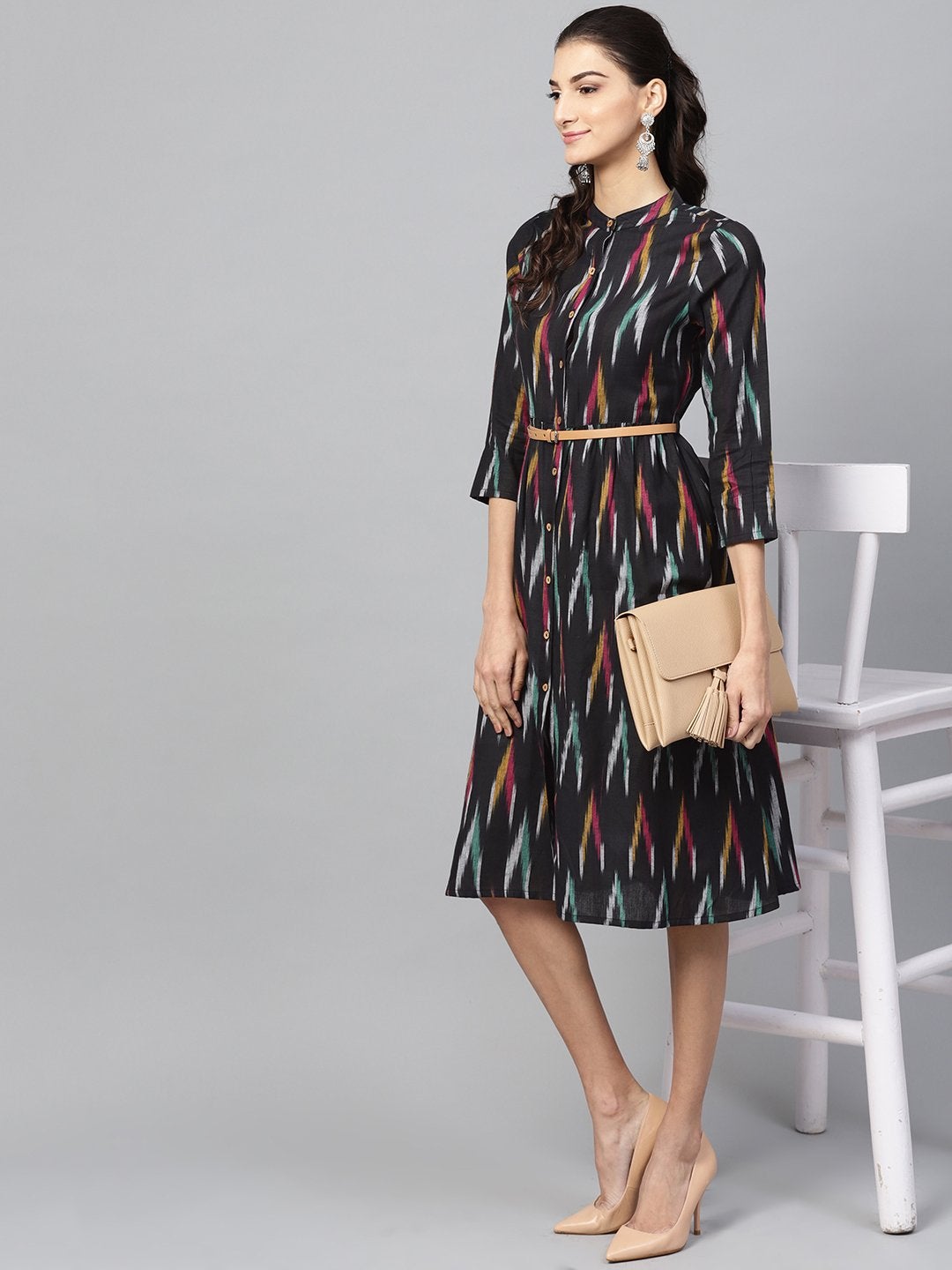 Women's Black Ikat Front Open Belted Dress
