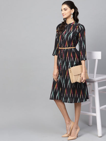 Women's Black Ikat Front Open Belted Dress