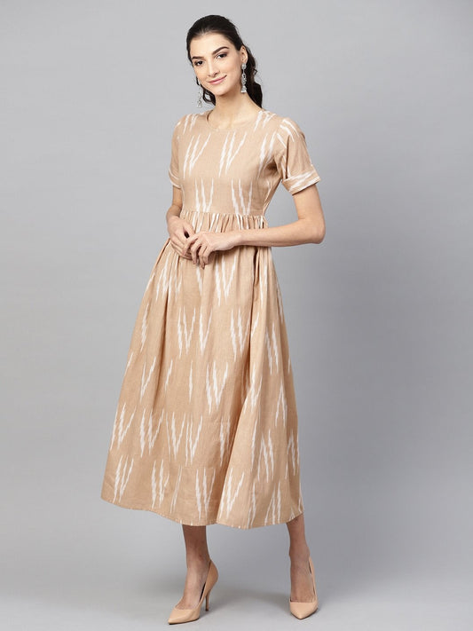 Women's Brown Ikat Gathered Back Placket Dress