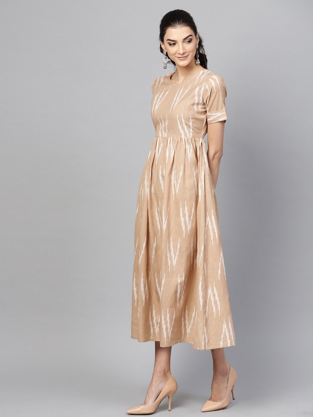 Women's Brown Ikat Gathered Back Placket Dress