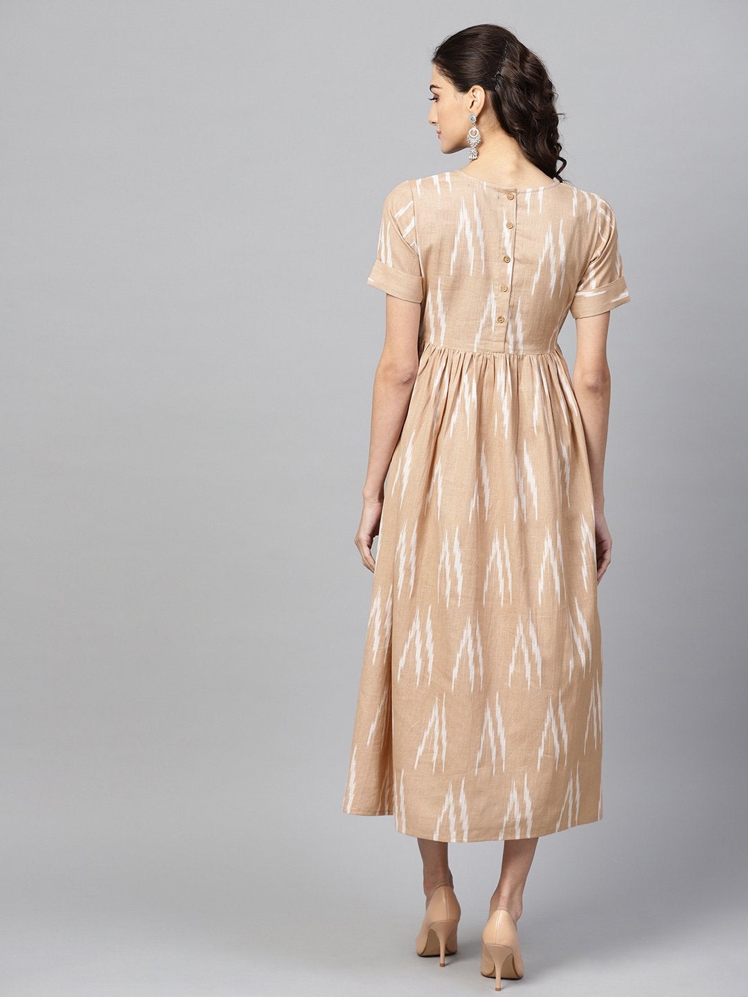 Women's Brown Ikat Gathered Back Placket Dress