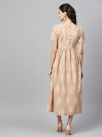 Women's Brown Ikat Gathered Back Placket Dress