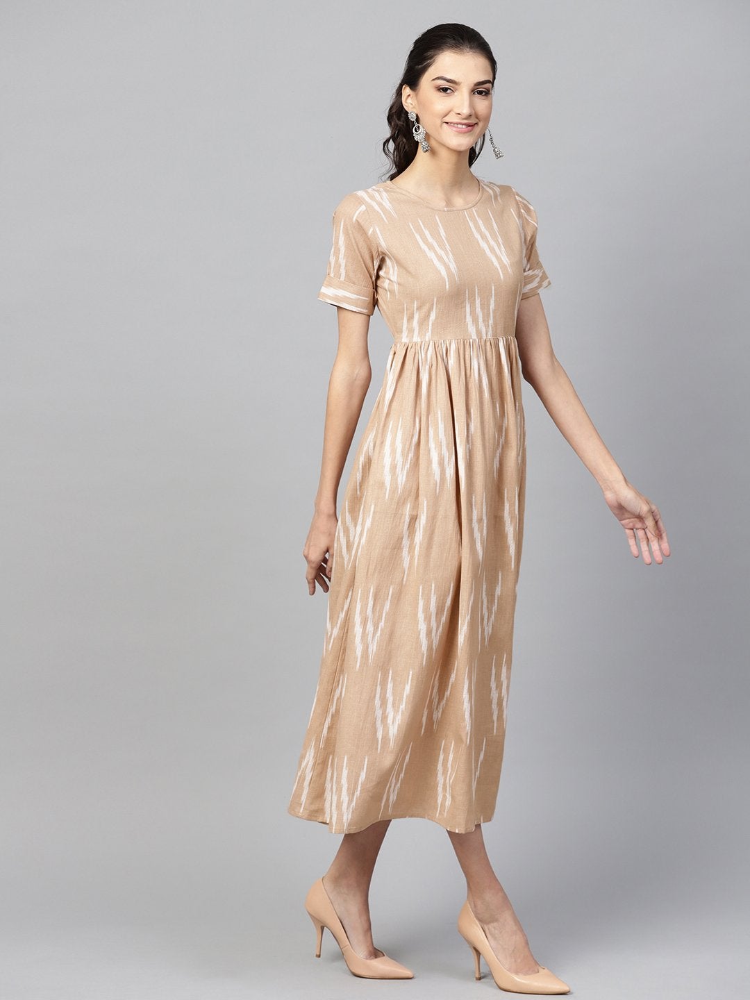 Women's Brown Ikat Gathered Back Placket Dress