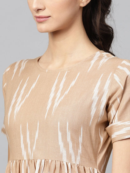 Women's Brown Ikat Gathered Back Placket Dress
