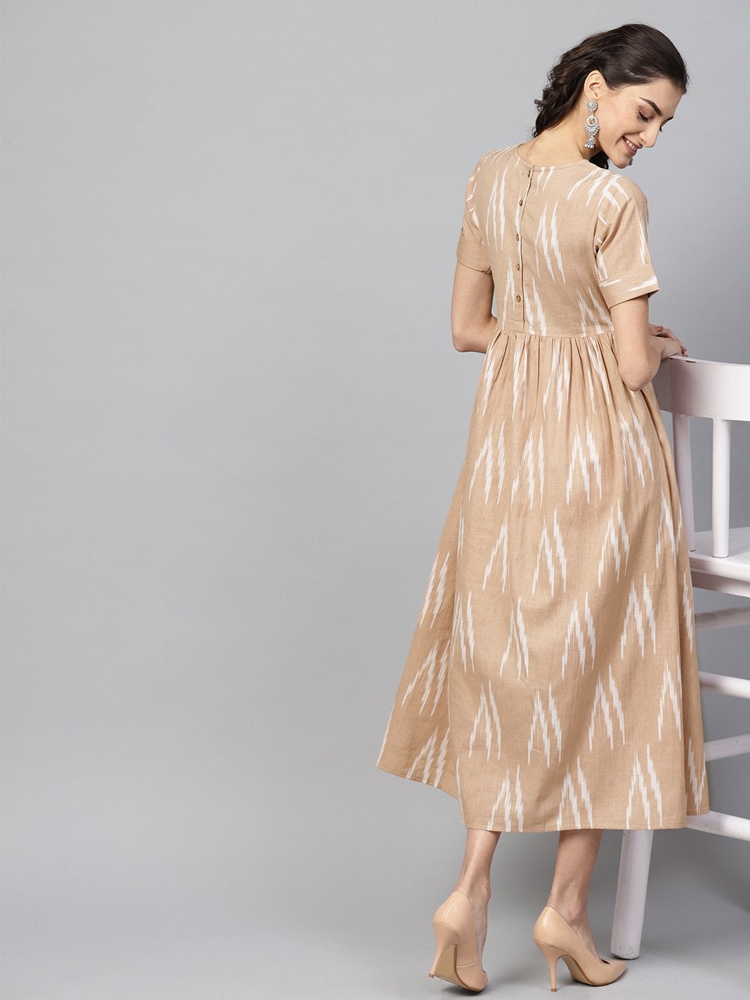 Women's Brown Ikat Gathered Back Placket Dress