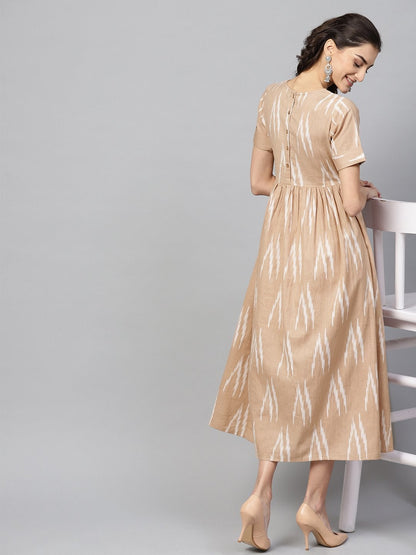 Women's Brown Ikat Gathered Back Placket Dress