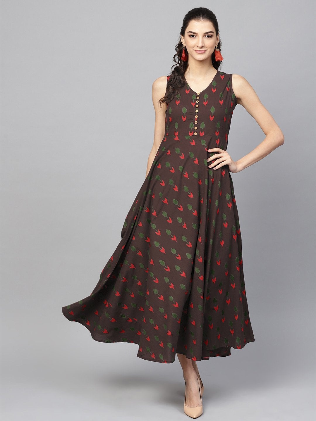 Women's Brown Ikat Sleeveless Flared Maxi