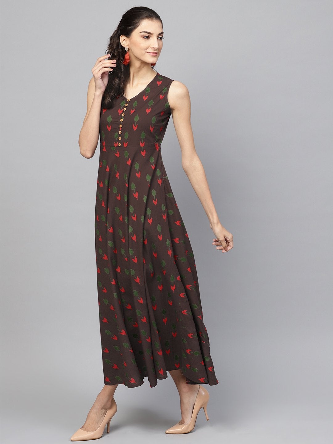 Women's Brown Ikat Sleeveless Flared Maxi