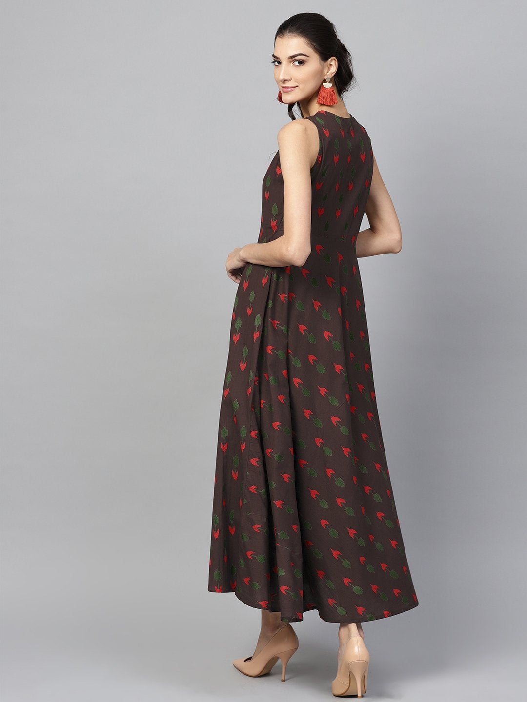 Women's Brown Ikat Sleeveless Flared Maxi