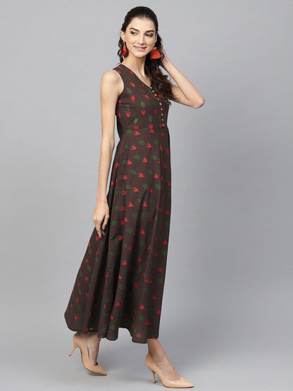 Women's Brown Ikat Sleeveless Flared Maxi