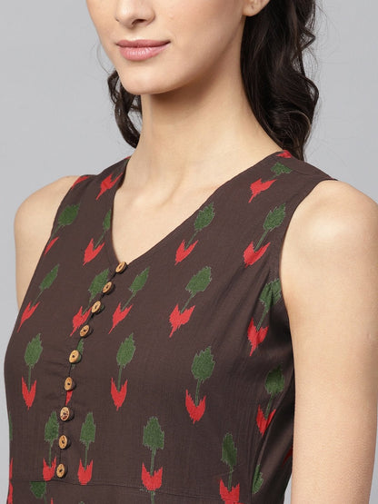 Women's Brown Ikat Sleeveless Flared Maxi