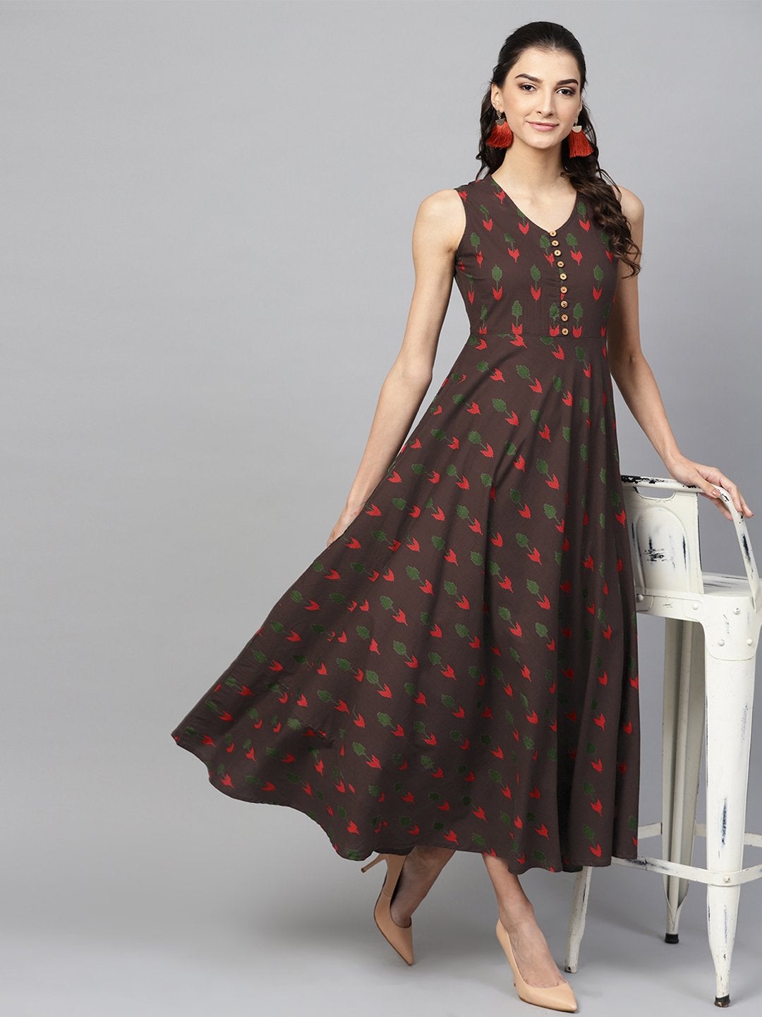 Women's Brown Ikat Sleeveless Flared Maxi
