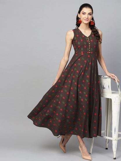 Women's Brown Ikat Sleeveless Flared Maxi