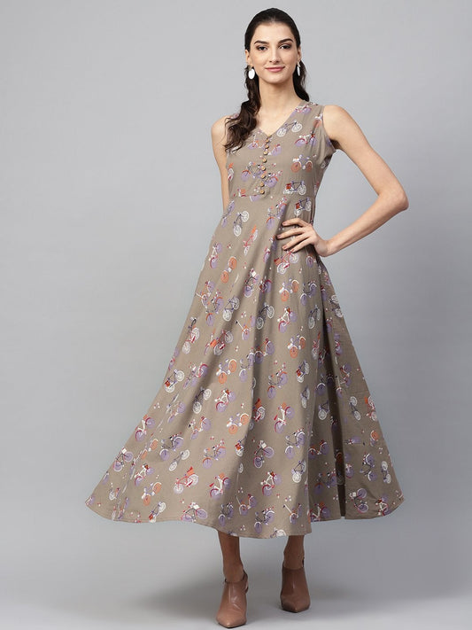 Women's Grey Cycle Print Sleeveless Flared Maxi