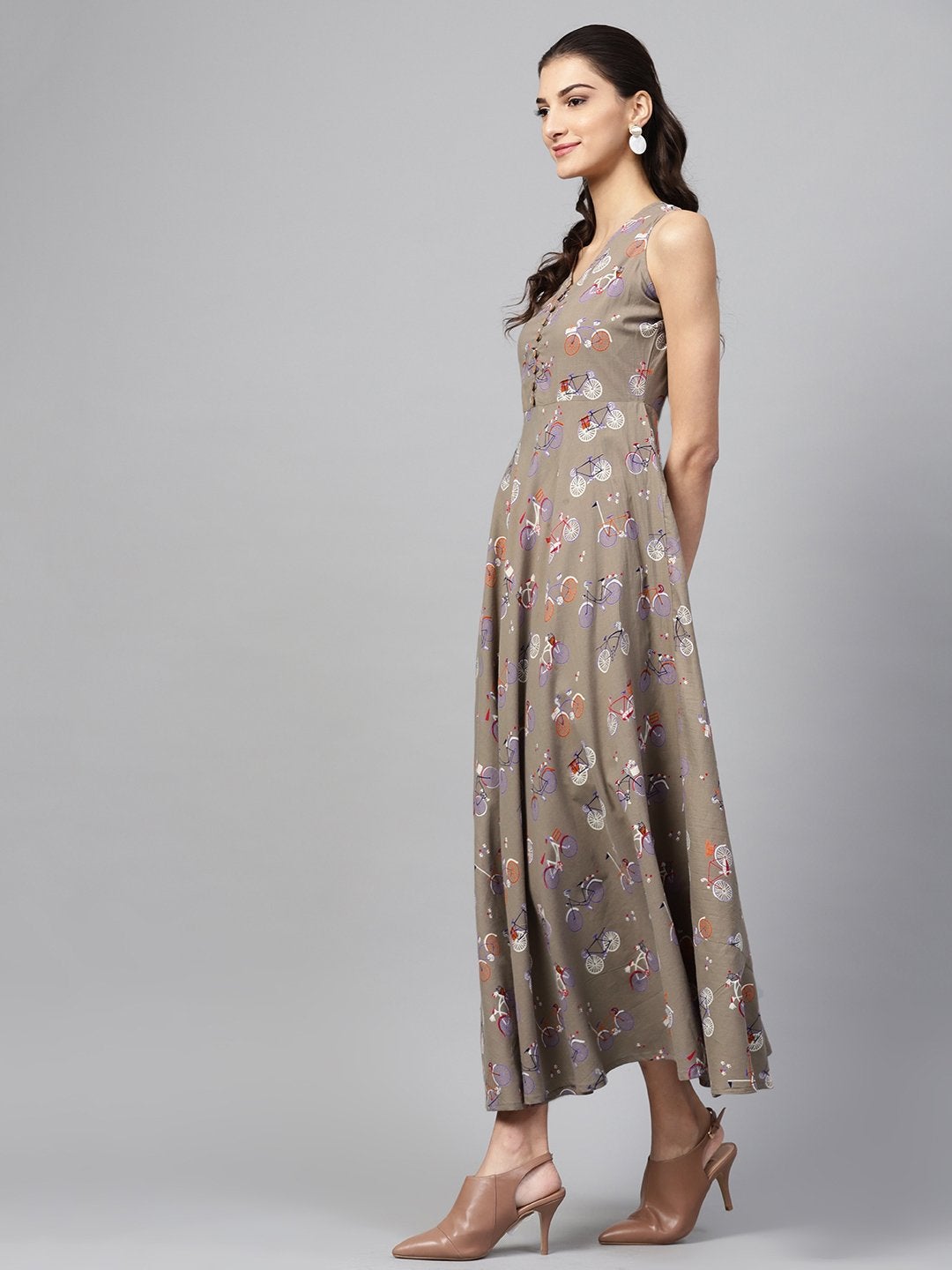 Women's Grey Cycle Print Sleeveless Flared Maxi