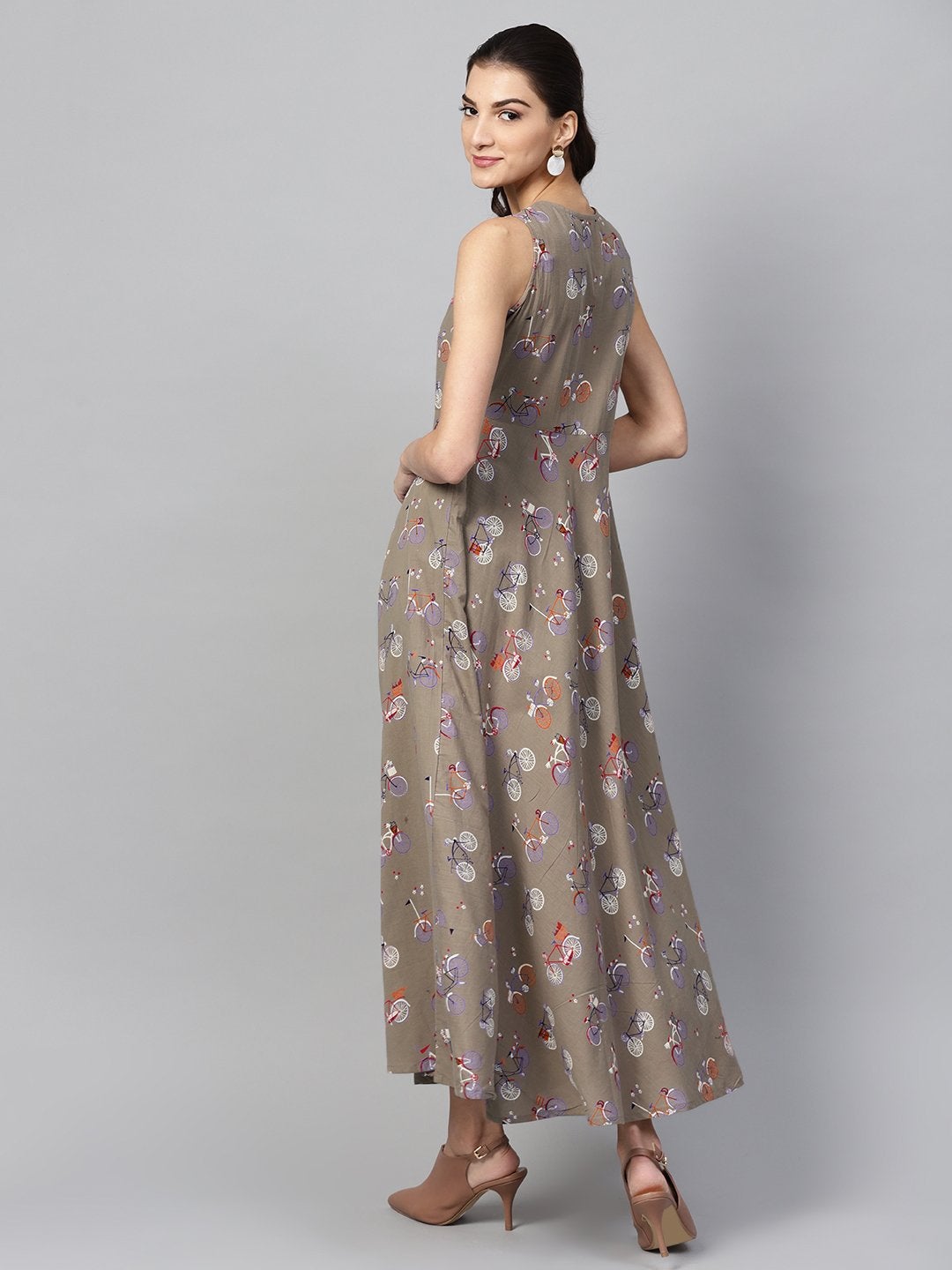 Women's Grey Cycle Print Sleeveless Flared Maxi
