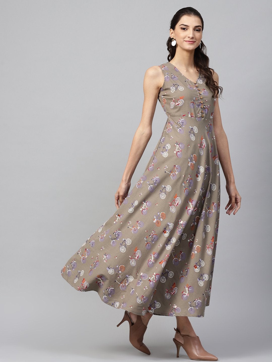 Women's Grey Cycle Print Sleeveless Flared Maxi