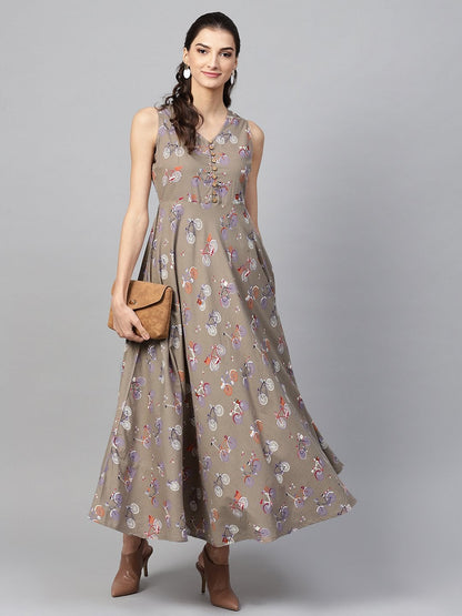 Women's Grey Cycle Print Sleeveless Flared Maxi