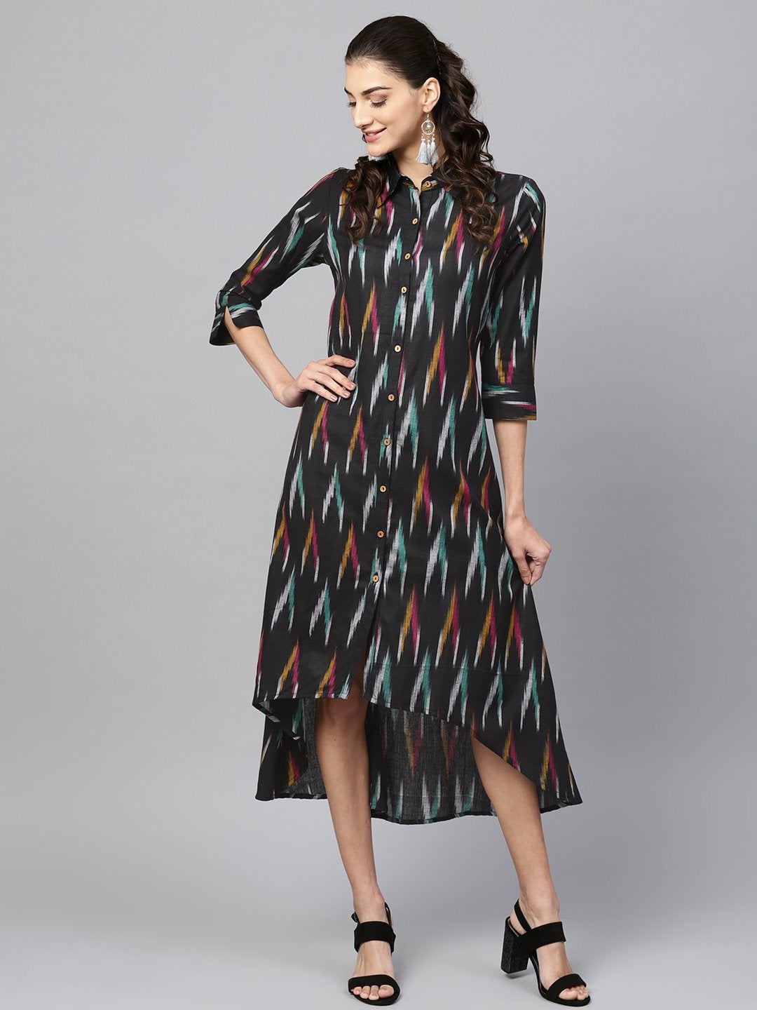 Women's Black Ikat High Low Shirt Dress