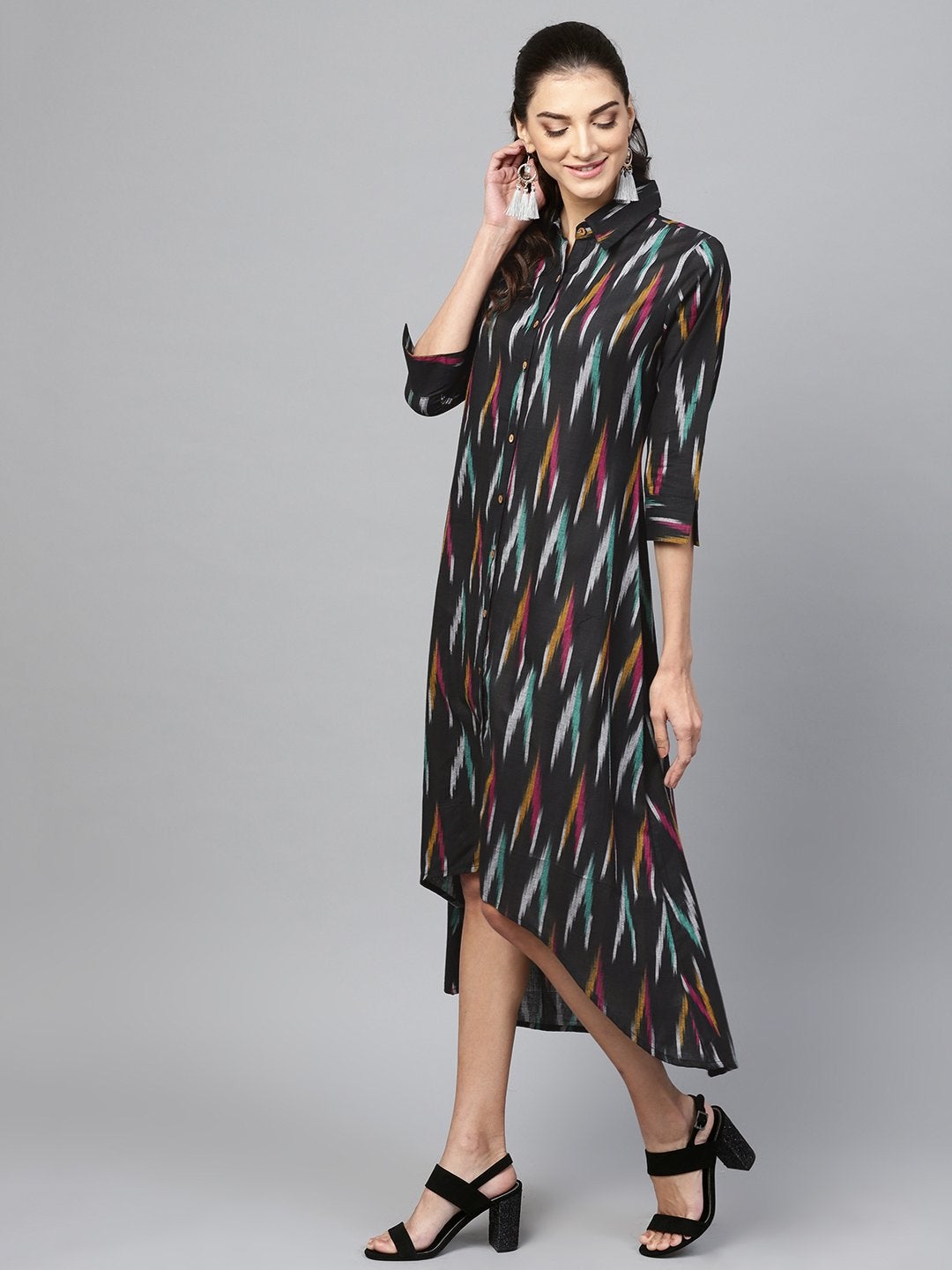 Women's Black Ikat High Low Shirt Dress