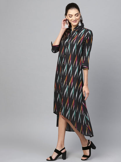 Women's Black Ikat High Low Shirt Dress