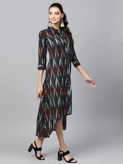 Women's Black Ikat High Low Shirt Dress