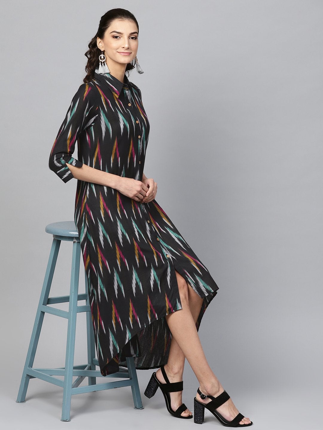 Women's Black Ikat High Low Shirt Dress