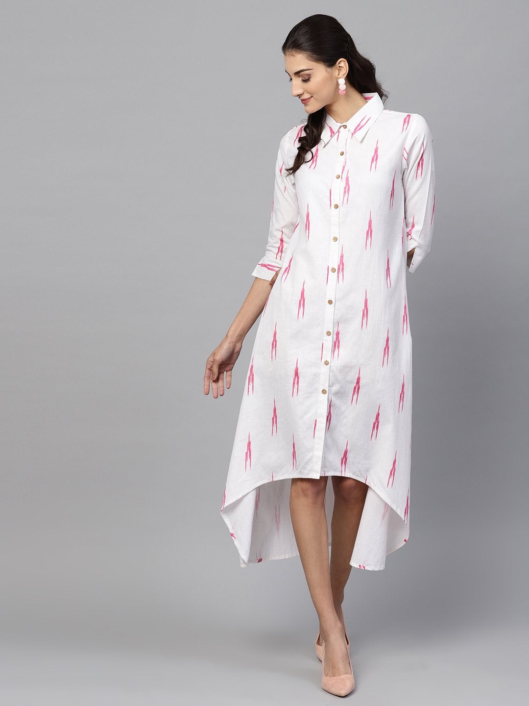 Women's White Ikat High Low Shirt Dress