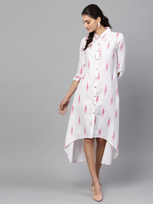 Women's White Ikat High Low Shirt Dress