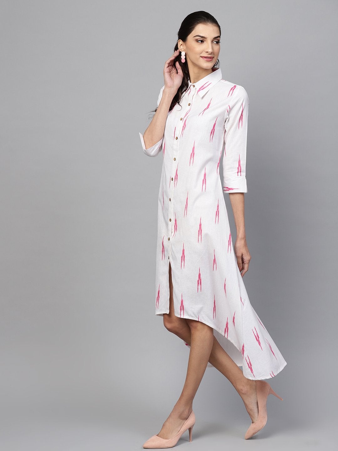 Women's White Ikat High Low Shirt Dress