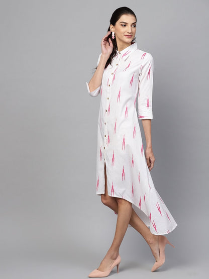 Women's White Ikat High Low Shirt Dress