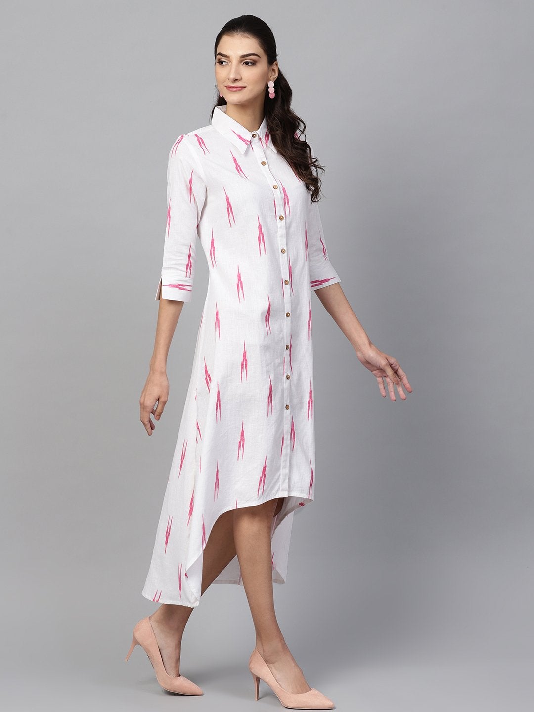 Women's White Ikat High Low Shirt Dress