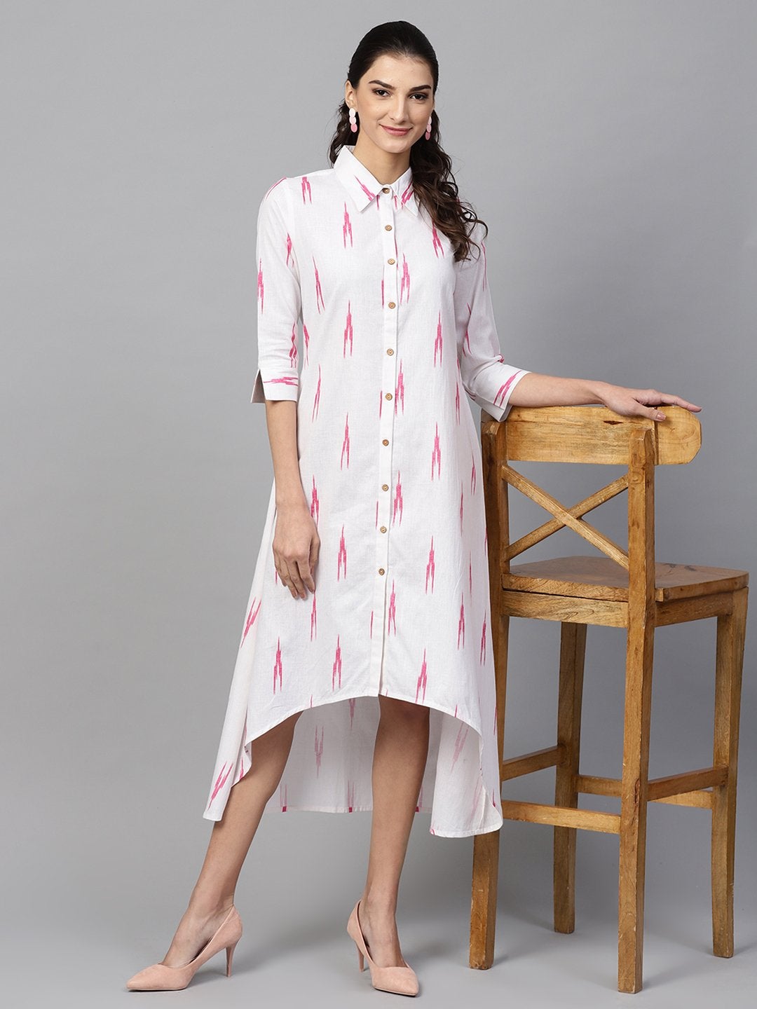 Women's White Ikat High Low Shirt Dress