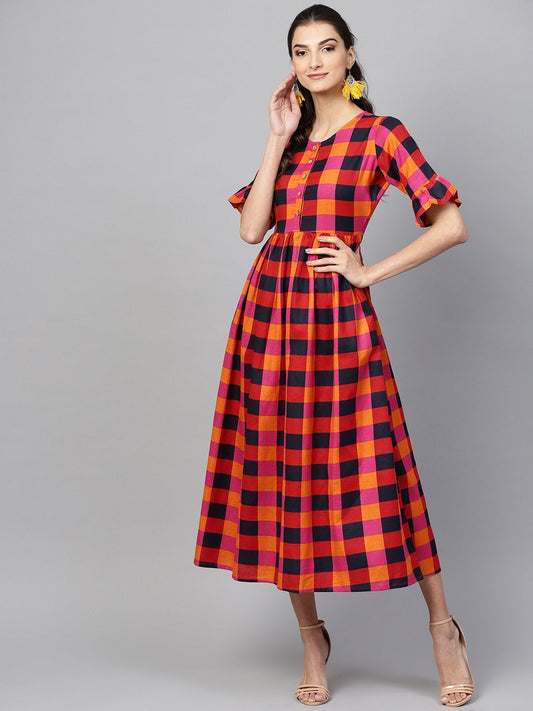 Women's Multi Check Gathered Waist Dress