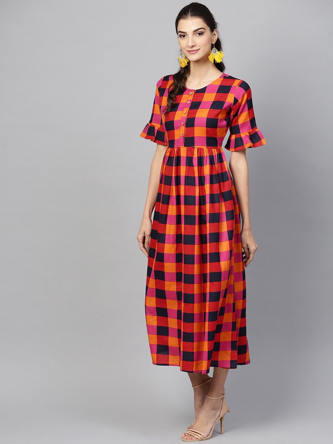 Women's Multi Check Gathered Waist Dress
