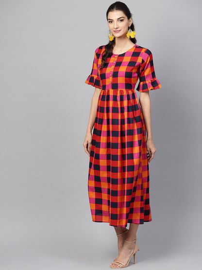 Women's Multi Check Gathered Waist Dress